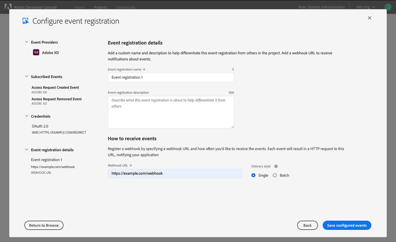 events configure registration