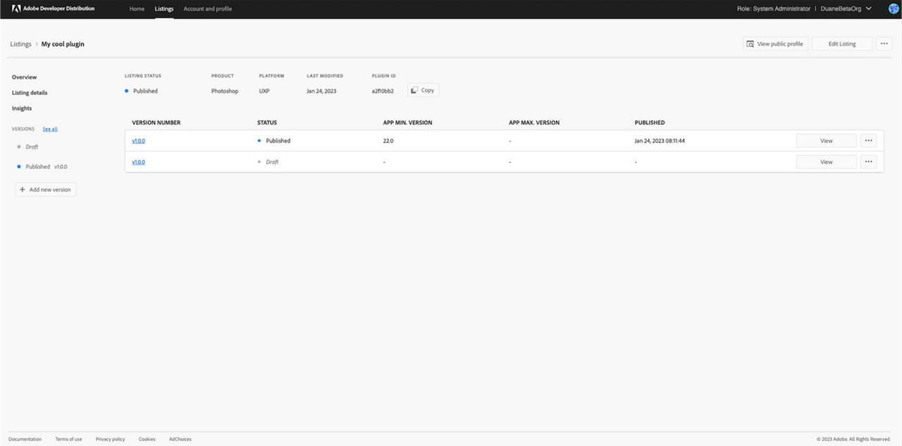 Screenshot of the versions being displayed in a table including version number, status, app min and max version, and the publication date