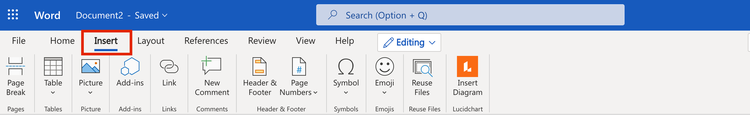 Insert tab in Microsoft Word Web