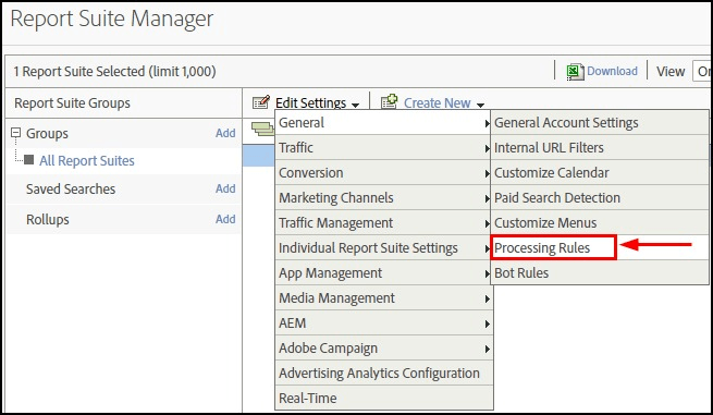 Selecting Processing Rules from AEM Edit Settings Menu