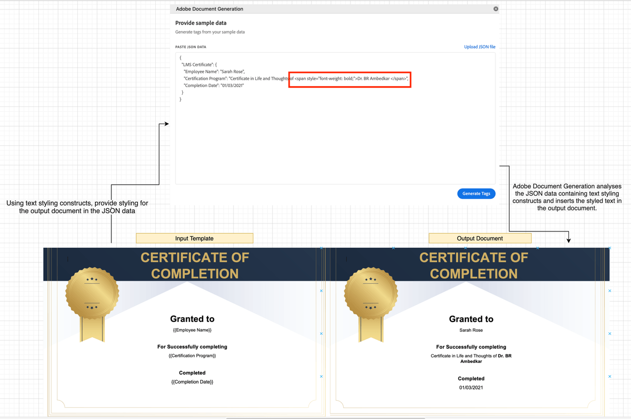 Sending text styling constructs, provide styling for the output document in json file. Adobe Document Generation API analyses the json data and inserts styled text in output documents